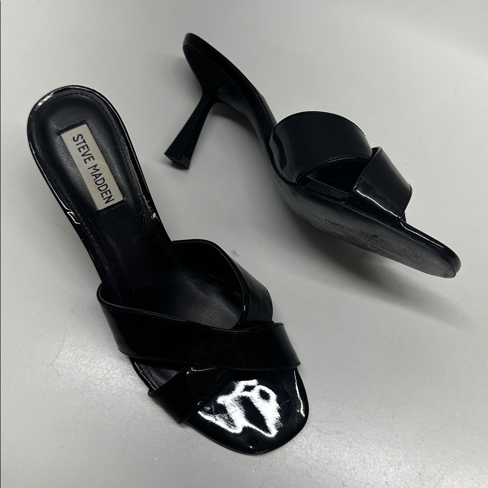 Steve Madden Hazel High Heels Shoes Patent Shiny Leather Open Toe Black Size 9.5